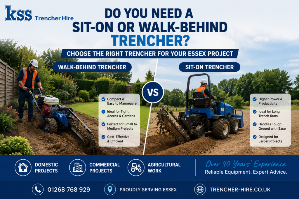 Comparison of a walk-behind trencher and a sit-on trencher being used for groundworks, illustrating which machine is best for different trenching projects. KSS Trencher Hire serving Essex.